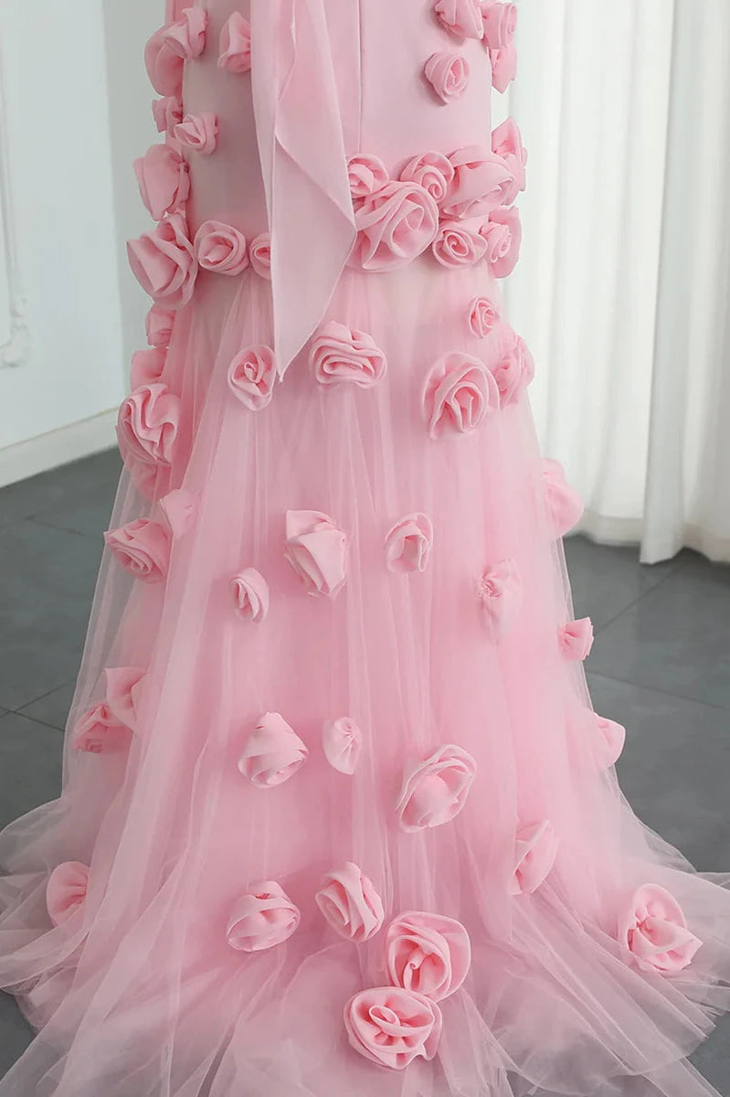 Off-the-Shoulder Charming Strapless High Slit Flower Prom Dress With Train