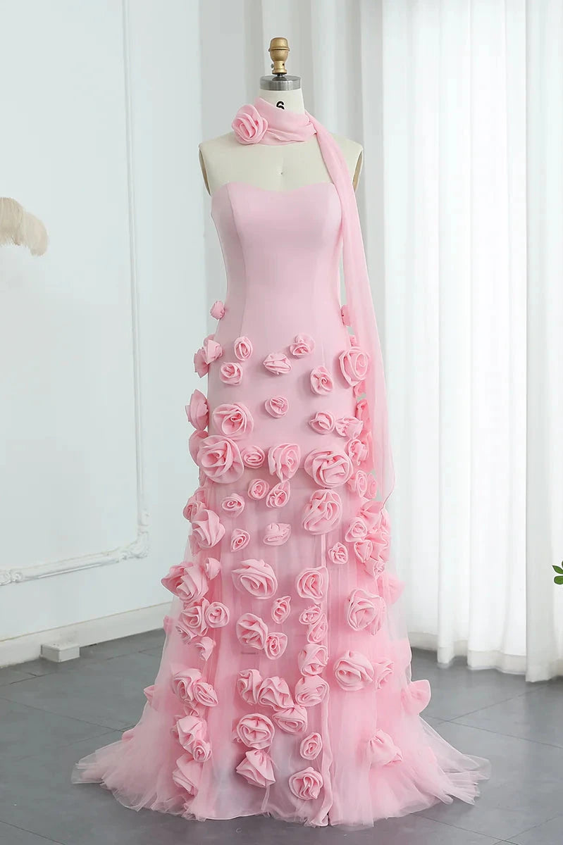 Off-the-Shoulder Charming Strapless High Slit Flower Prom Dress With Train