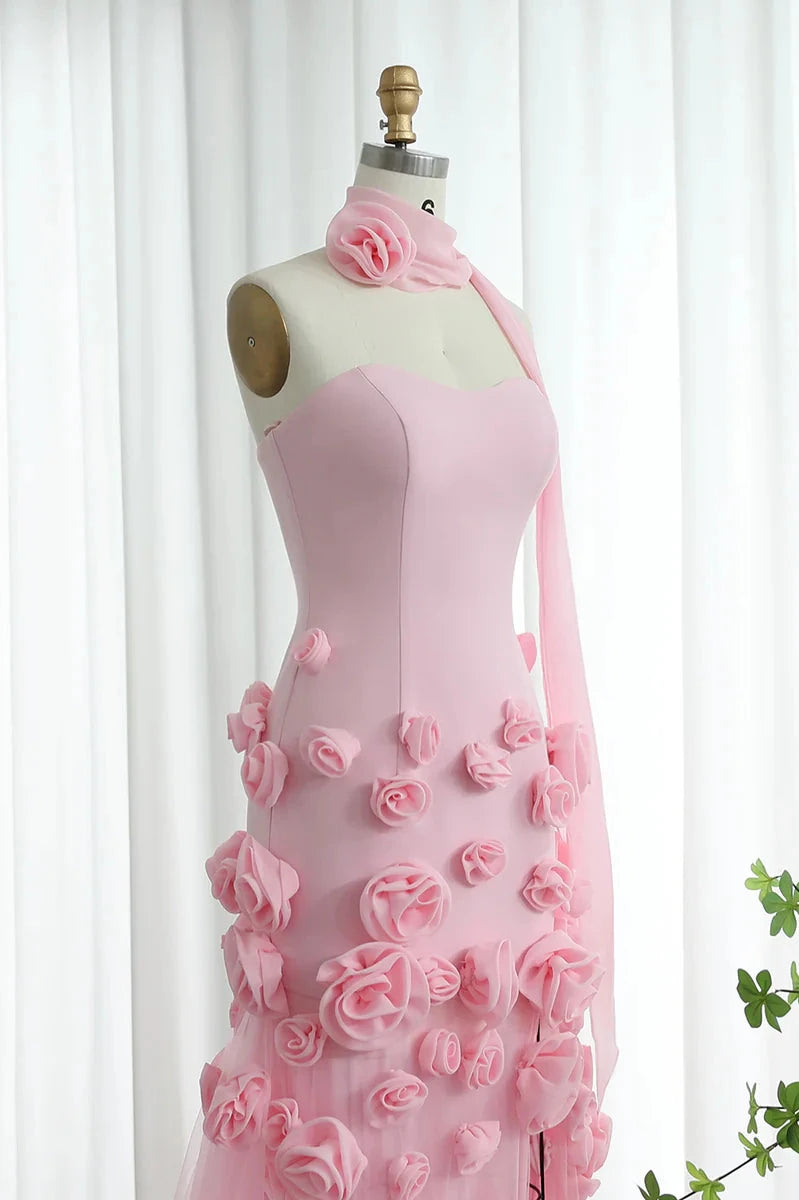 Off-the-Shoulder Charming Strapless High Slit Flower Prom Dress With Train