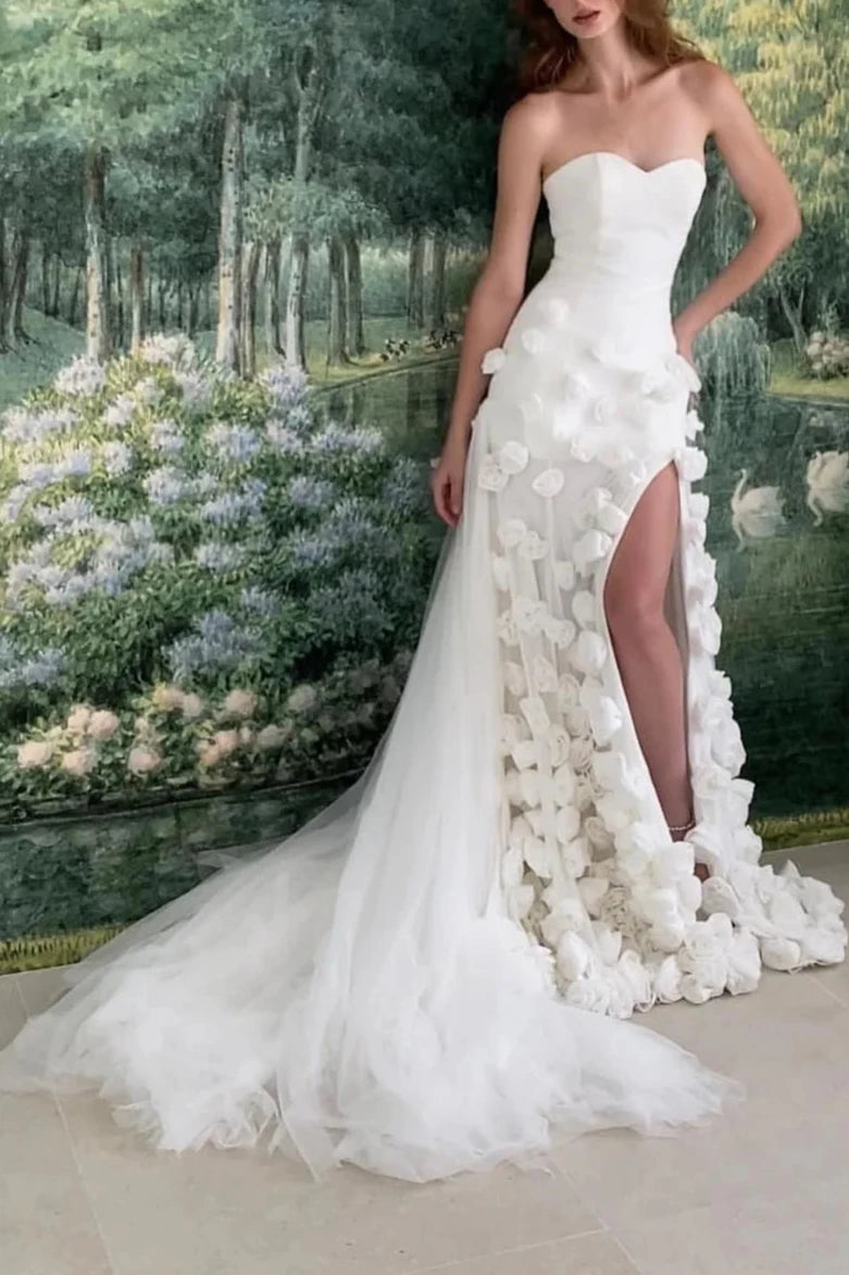 Off-the-Shoulder Charming Strapless High Slit Flower Prom Dress With Train