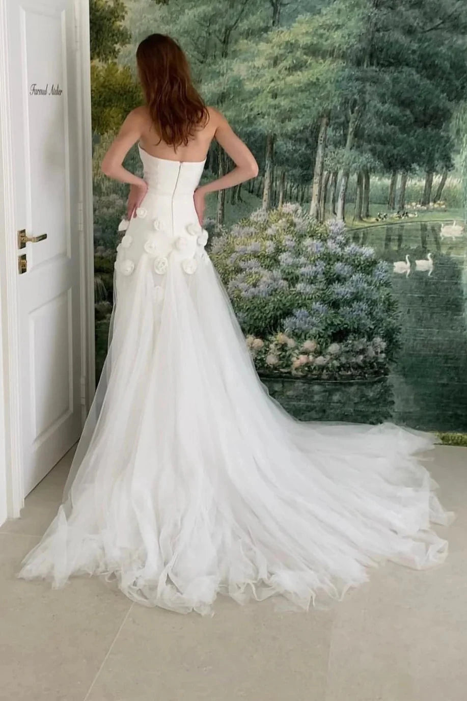 Off-the-Shoulder Charming Strapless High Slit Flower Prom Dress With Train