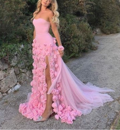 Off-the-Shoulder Charming Strapless High Slit Flower Prom Dress With Train