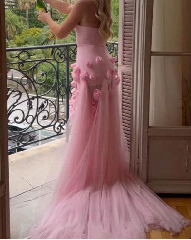Off-the-Shoulder Charming Strapless High Slit Flower Prom Dress With Train