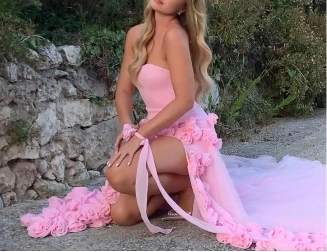 Off-the-Shoulder Charming Strapless High Slit Flower Prom Dress With Train
