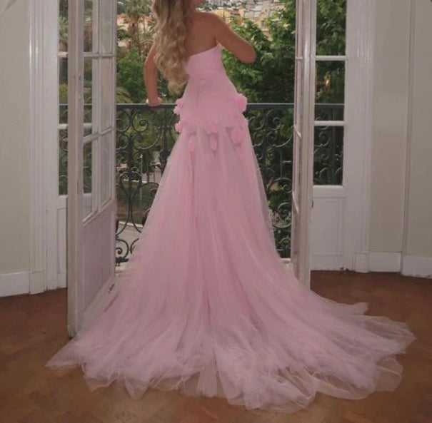 Off-the-Shoulder Charming Strapless High Slit Flower Prom Dress With Train