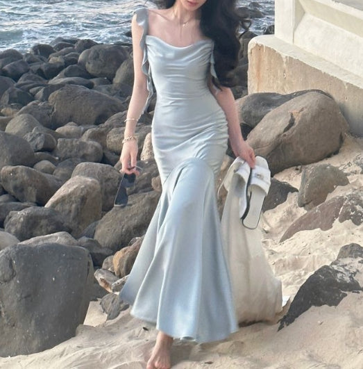 Vintage Satin Spaghetti Strap Women Summer Prom Dress