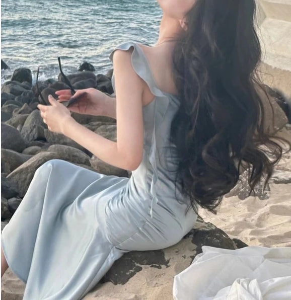 Vintage Satin Spaghetti Strap Women Summer Prom Dress