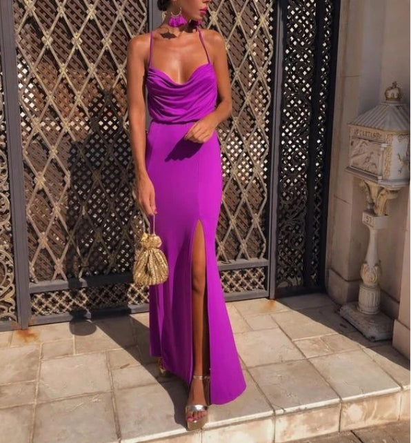 Vestido de fiesta sexy de satén con tirantes finos, espalda descubierta y abertura lateral