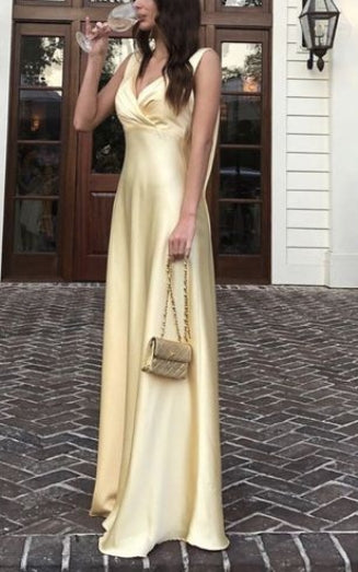 A Line V Neck To Ground Long Prom Dresses