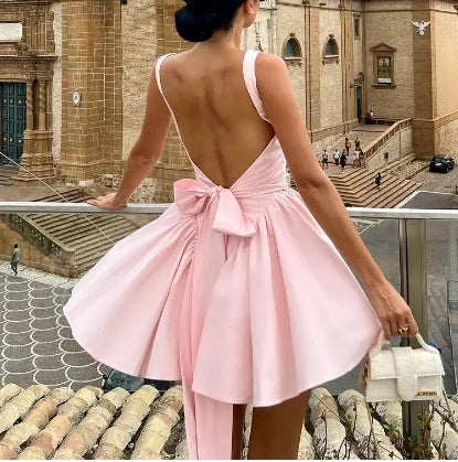 Pleated Mini Strap Dress Short Backless Prom Dress