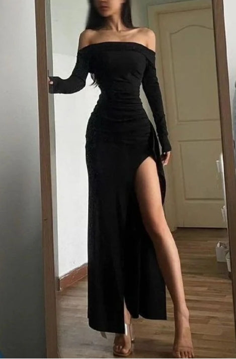 Robe de bal fendue à épaules dénudées et manches longues