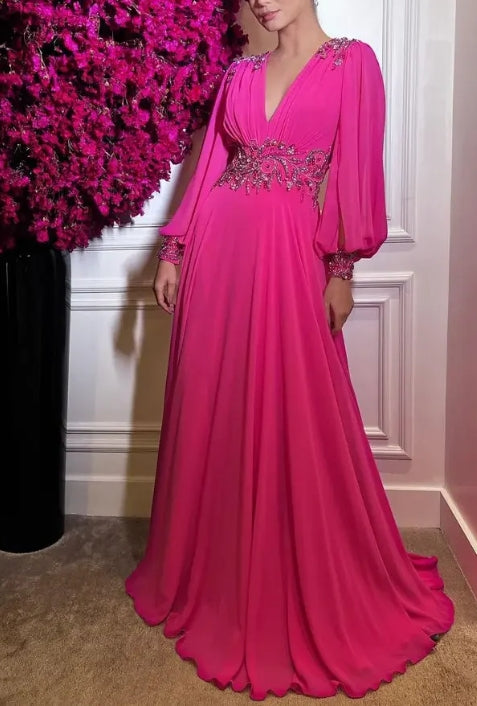Chiffon Long Puff Sleeves V Neck Slit A Line Party Prom Gowns