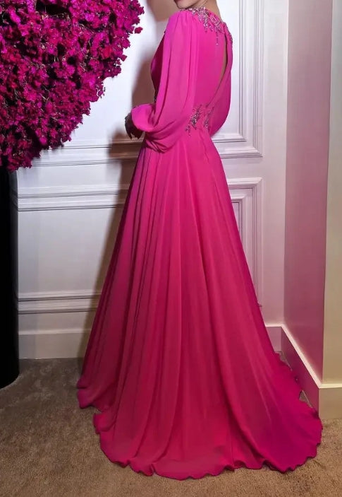 Chiffon Long Puff Sleeves V Neck Slit A Line Party Prom Gowns