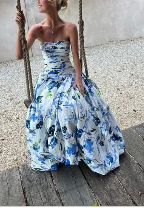 Strapless Off-the-Shoulder Print Floral Long Prom Evening Dress