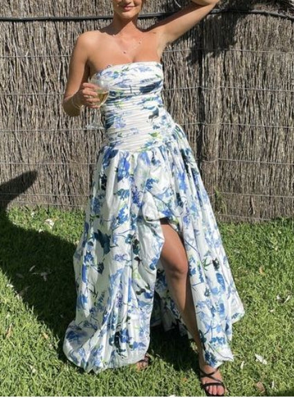 Strapless Off-the-Shoulder Print Floral Long Prom Evening Dress