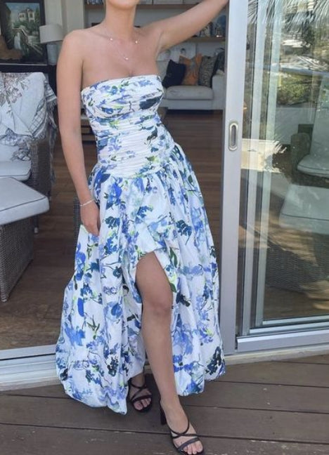 Strapless Off-the-Shoulder Print Floral Long Prom Evening Dress