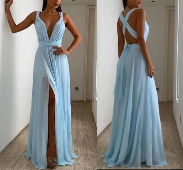 Vestido de fiesta de sirena con escote en V profundo y abertura en la cintura