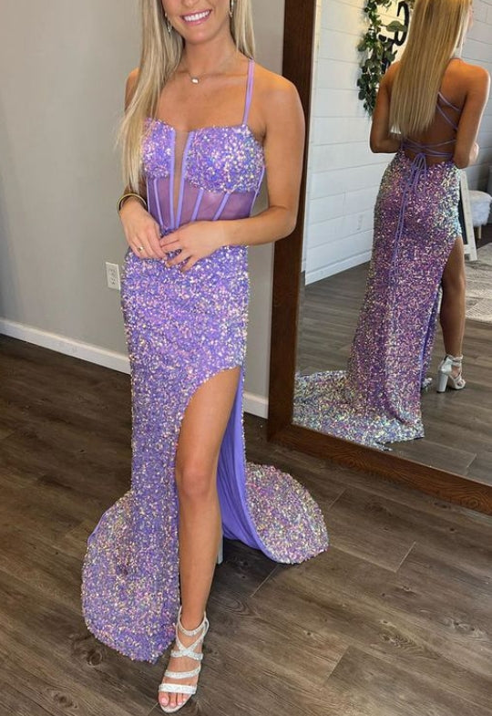 Spaghetti Straps Sequin Prom Dress With Slit
