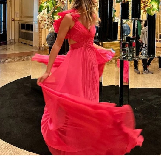 Robe de bal longue trapèze à lacets et volants, décolleté en V plongeant