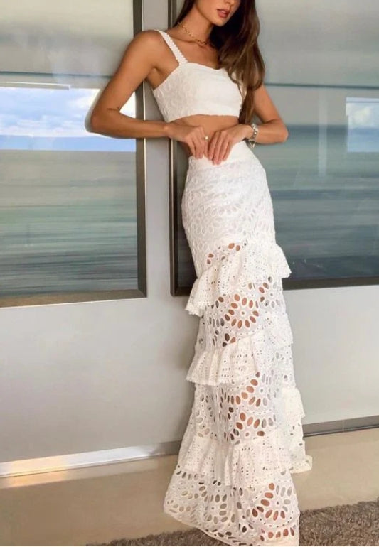 Robe de soirée longue en dentelle deux pièces