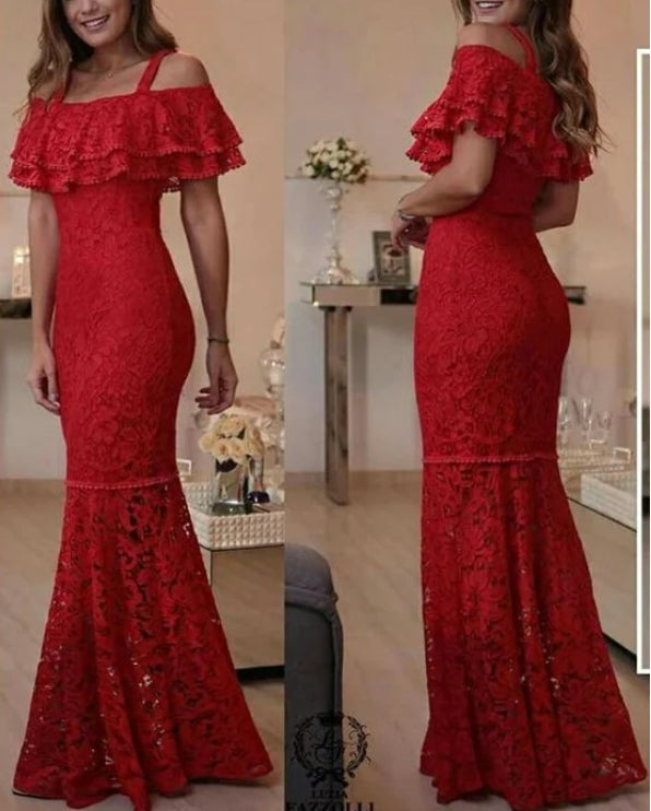 Vestido de fiesta de noche de sirena largo con encaje y corte A