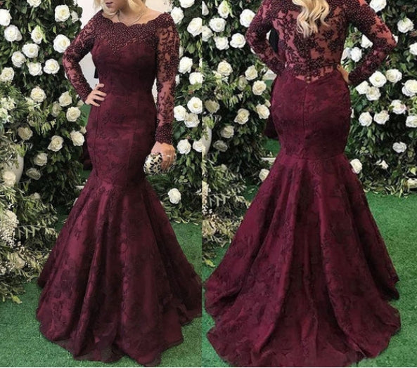 Vestidos de fiesta de sirena con cuentas y mangas largas para madre de la novia