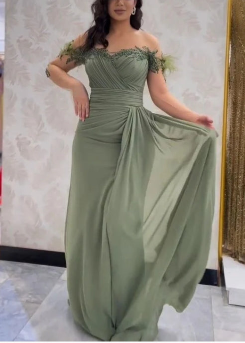 A-line Beaded Chiffon Long Sleeves Pleated Elegant Prom Dresses
