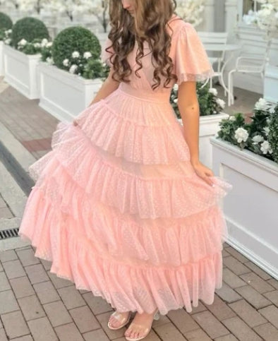 A-line Short Sleeves Multi-Storey Prom Dress