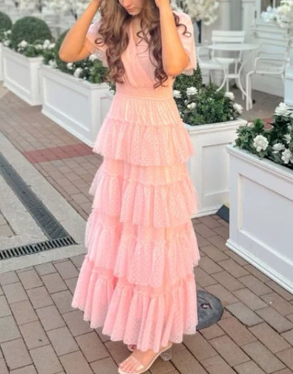 A-line Short Sleeves Multi-Storey Prom Dress