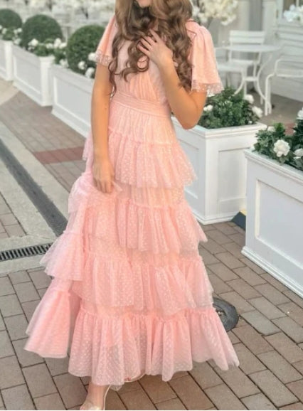A-line Short Sleeves Multi-Storey Prom Dress