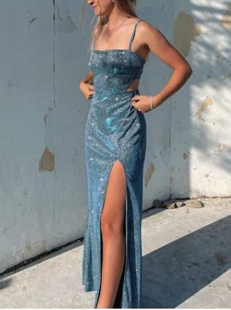 Spaghetti Straps Backless Cutout Waist Prom Dress With Slit ﻿