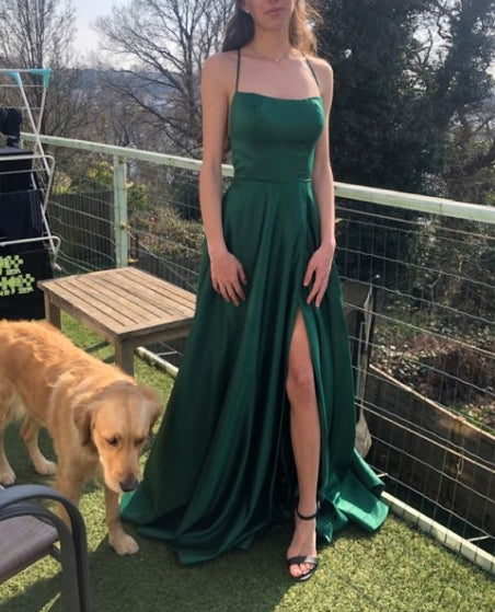 Vestido de fiesta de satén sexy con tirantes finos, abertura lateral larga y corte A