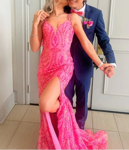 Spaghetti Straps Backless Prom Dress With Slit