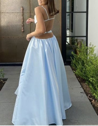 Spaghetti Straps Open Back Cutout Waist Prom Dress