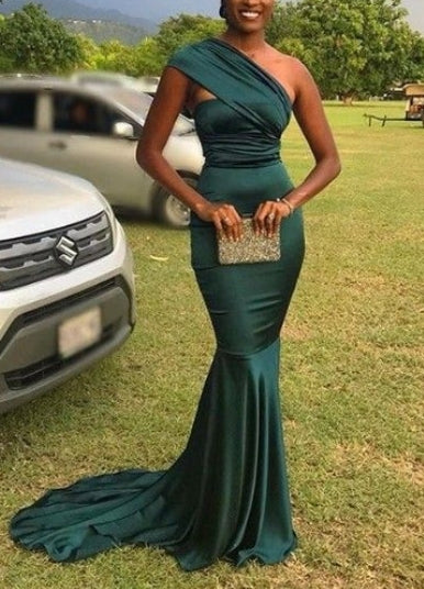 Vestido de fiesta largo de satén con un solo hombro y corte A, estilo sirena