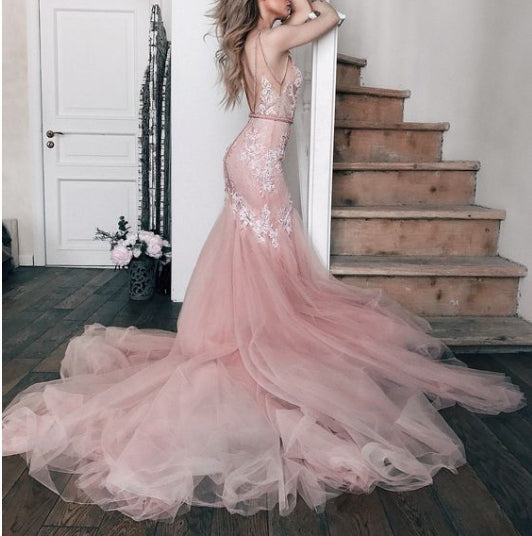 Sheer V-neckline Mermaid Wedding Dress with Tulle Train