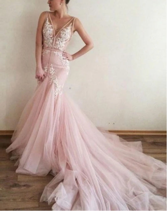 Sheer V-neckline Mermaid Wedding Dress with Tulle Train