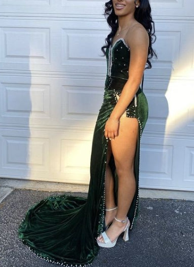 Vestidos de fiesta de terciopelo, vestido de noche de sirena con abertura