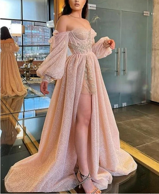 Robe de bal longue à paillettes et fente latérale, coupe trapèze, sexy et décolletée en cœur