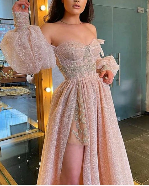 Robe de bal longue à paillettes et fente latérale, coupe trapèze, sexy et décolletée en cœur