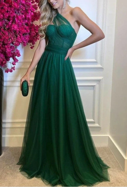 Robe de soirée trapèze en tulle à une épaule