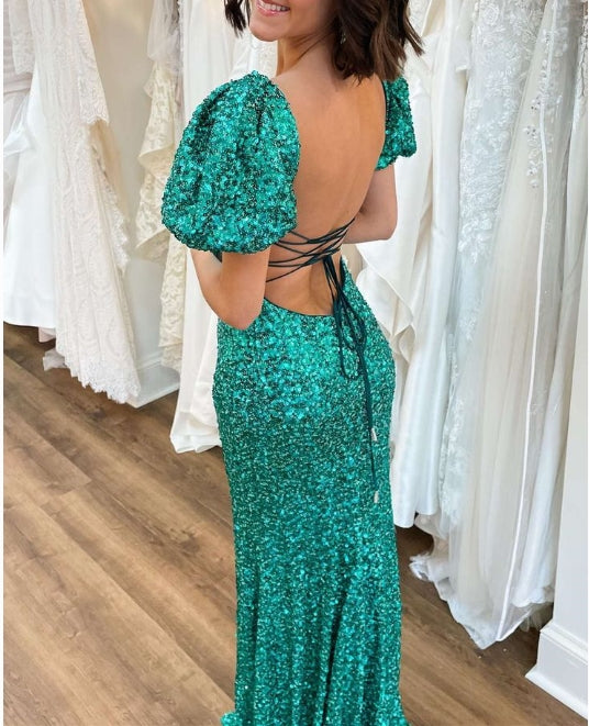 Vestido de fiesta de sirena con lentejuelas y escote cuadrado y abertura