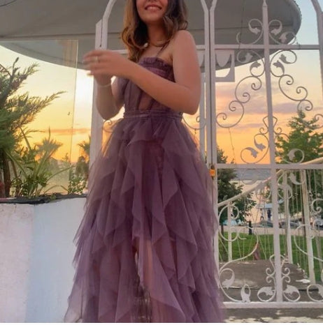 Spaghetti Straps Tulle Backless Party Prom Evening Dress