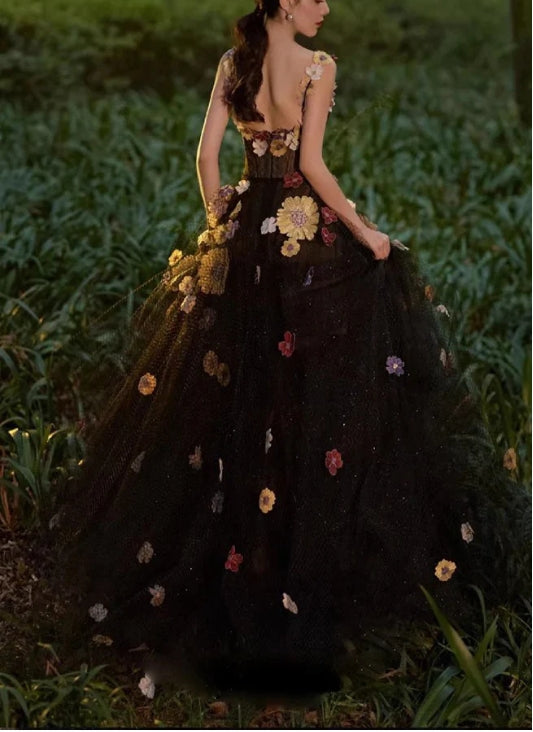 A Line Tulle Prom Dress With Flowers Puffy Dresses
