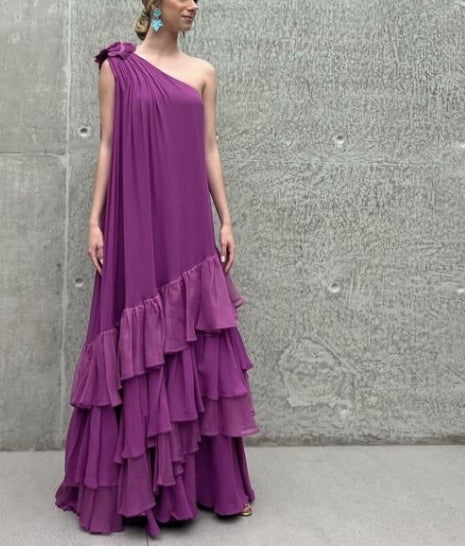 One-Shoulder Chiffon Ruffles Long Prom Dress