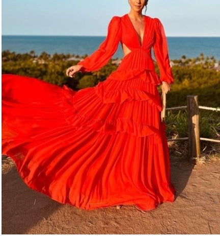 Robe de bal trapèze à manches longues et col profond, style conte de fées