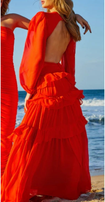 Robe de bal trapèze à manches longues et col profond, style conte de fées