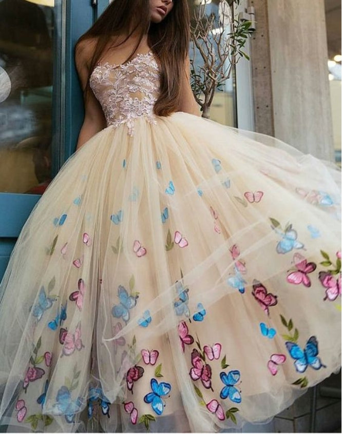 Unique Strapless Sweetheart Butterfly Flower Prom Dresses