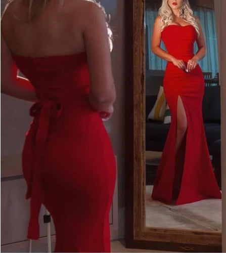 Vestidos de fiesta de corte sirena sin tirantes y corte A con abertura