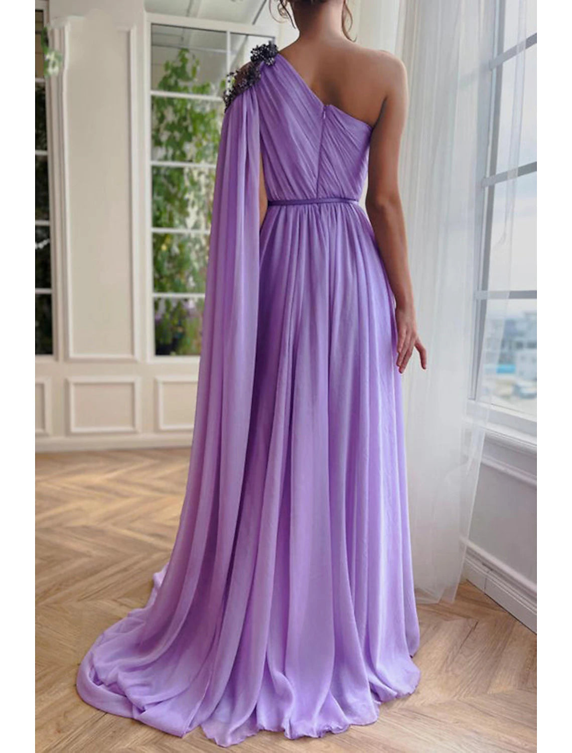 A-Line Prom Gown Elegant Dress Formal Wedding Guest Sweep / Brush Train Sleeveless One Shoulder Capes Chiffon